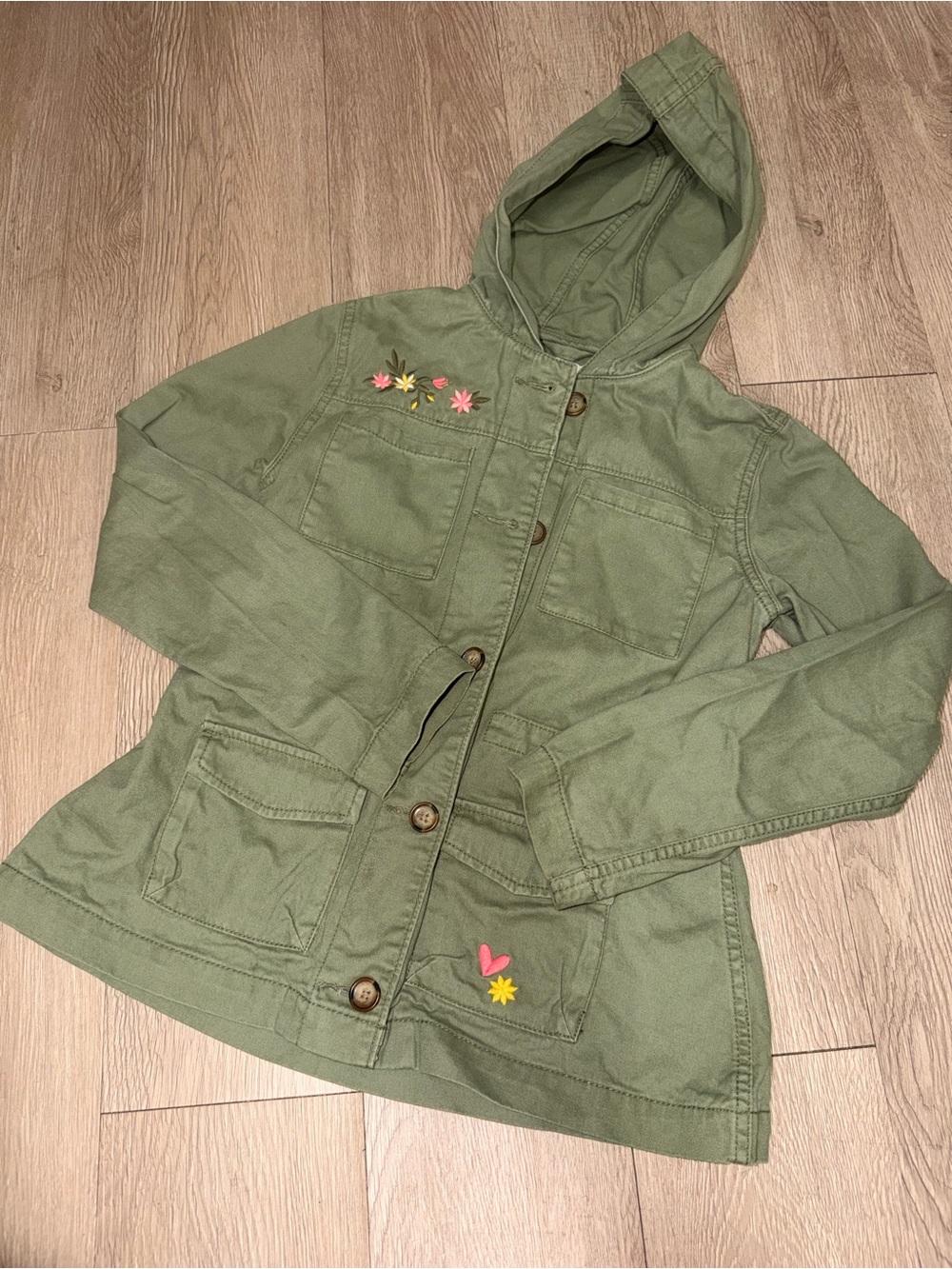 Old Navy Olive Green Hooded Jacket with Floral Accents